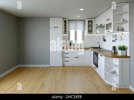 Küchenausstattung. 3D Rendering einer hellen Küche. Stockfoto