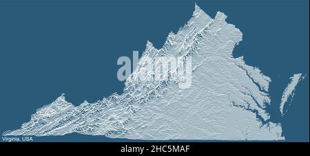 Topographische technische Zeichnung Reliefkarte des Bundesstaates Virginia, USA mit weißen Konturlinien auf blauem Hintergrund Stock Vektor