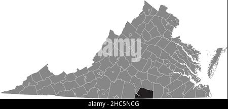 Schwarz hervorgehobene Standortkarte der Mecklenburg in grauer Verwaltungskarte des Bundesstaates Virginia, USA Stock Vektor