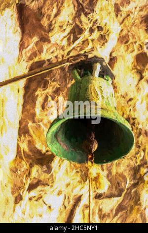 Die Glocke der Agia Sofia Kapelle befindet sich am Eingang einer Höhle auf der Insel Kythira, Griechenland. Digitale Lackierung. Stockfoto