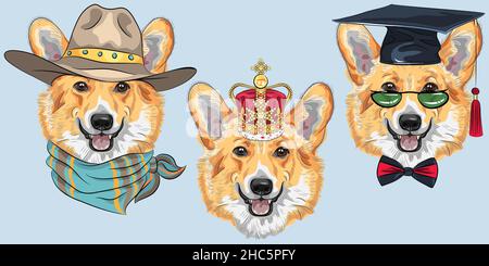 Set von Hipster Hund Pembroke Welsh Corgi Rasse in Hut und Halstuch Stock Vektor
