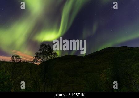 Ein atemberaubender Blick auf nordlichter im dunklen Nachthimmel und die Silhouette der Berge Stockfoto