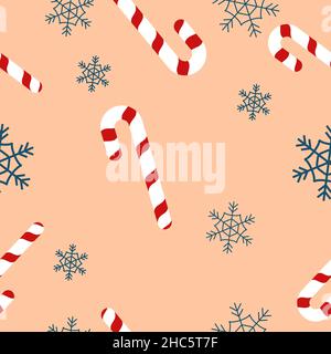 Eine Illustration eines nahtlosen Musters aus Schneeflocken und Zuckerstöcken, isoliert auf einem beigen Hintergrund Stockfoto