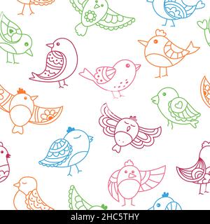 Doodle Vogel Wrapper Ornament. Skizzieren nahtlose Muster Comic Vögel. Modernes, trendiges Happy Scrapbook Papier. Handgezeichneter, flacher abstrakter Spaarrow. Clipart-Vektordarstellung wiederholen Stock Vektor