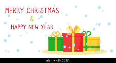 Winter-Banner Frohes Neues Jahr und Frohe Weihnachten, Inschrift, Text auf einem weißen isolierten Hintergrund mit einer Reihe von Geschenken, Schnee um. Für Einzelhandel und Online-Shops, Site-Header. Vektorgrafik Stock Vektor