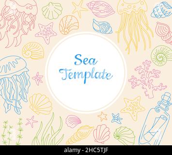 Muschelschalen Ozean Doodle Vorlage Hintergrund. Meeresmuschel mehrfarbigen Hintergrund, Seesterne Weichtier, Quallen Conch Umriss Waschbecken. Druck unter Wasser gezeichnetes Design. Vektor des Kontur-Scrapbooks Stock Vektor
