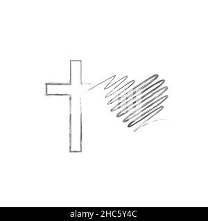 Das Kreuz des Herrn fließt in das Herz. Fortlaufende Linienzeichnung. Flache isolierte christliche Vektorgrafik, biblischer Hintergrund. Stock Vektor