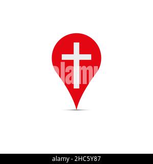 Lokale Kirche in Ihrer Nähe. Roter Pin der Positionskarte. Flache isolierte christliche Vektorgrafik, biblischer Hintergrund. Stock Vektor