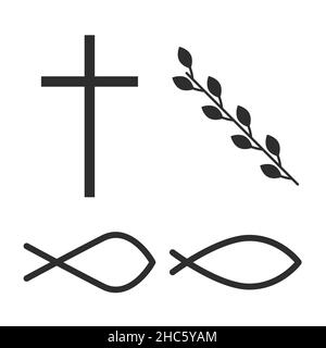 Kreuz, Reben und Fisch. Symbole von Jesus Christus. Flache isolierte christliche Vektorgrafik, biblischer Hintergrund. Stock Vektor