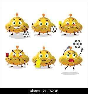 UFO gelb gummy Süßigkeiten Cartoon-Figur arbeitet als Fußball-Schiedsrichter. Vektorgrafik Stock Vektor