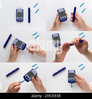 Collage von Bildern, die den Prozess mit Glucometer zeigen: Blutzuckermessgerät, Blutzuckermessgerät in den Händen, Teststreifen einlegen, Finger mit Lanzette stechen, Droppi Stockfoto