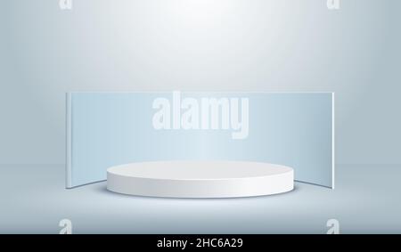 Luxuriöser zylindrischer Podestsockel in Weiß und Blau. Hellblaue minimalistische Wandszene. Abstraktes modernes Vektorrendering von 3D Formen für das Produkt Stock Vektor