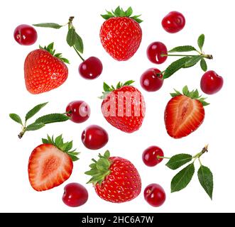 Kirsch- und Erdbeeren auf weißem Hintergrund Stockfoto