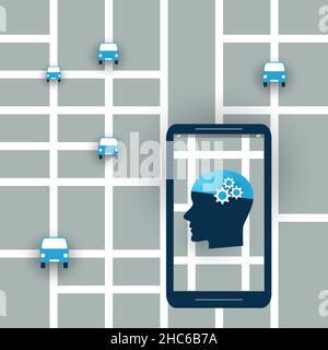 Abstract Künstliche Intelligenz, Smart Traffic Controlling und Netzwerke Designkonzept mit Map und Human Head Stock Vektor