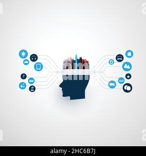 Abstrakte Maschine und vertieftes Lernen, Künstliche Intelligenz, Cloud Computing, intelligente Stadt und Netzwerke Design Konzept mit Symbolen und menschlichen Kopf Stock Vektor