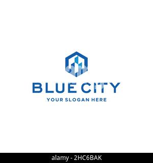 Minimalistisches Design BLAUES CITY-Downtown-Logo-Design Stock Vektor