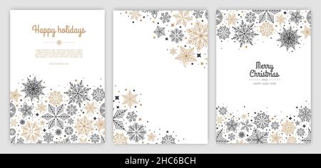Frohe Weihnachten und ein glückliches neues Jahr Set von Grußkarten, Postern, Weihnachtsdecken. Xmas Design mit schönen Schneeflocken im modernen Line-Art-Stil. Stock Vektor