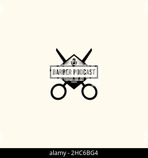 Vintage FRISEUR PODCAST Schere schneiden Logo-Design Stock Vektor