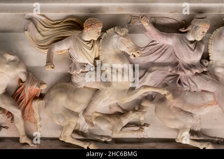 Blick auf Alexander den Großen auf dem Sarkophag. Istanbul Archäologisches Museum, Türkei. Stockfoto