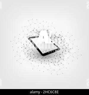 Maschinelles Lernen, Künstliche Intelligenz, Cloud Computing und Netzwerke Designkonzept mit Tablet-PC, Netzwerk Mesh und AI Label Stock Vektor