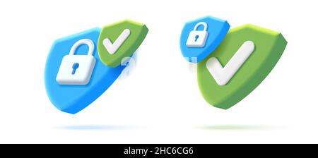 Satz von digitalen Sicherheitssymbolen mit 3D Schildform und Vorhängeschloss, zwei isometrische 3D-Render-Illustrationen Stock Vektor