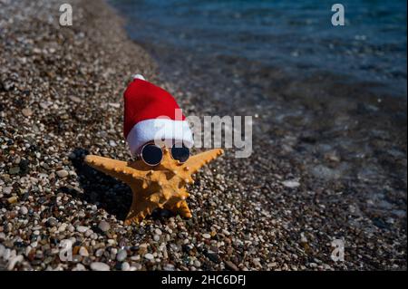 Seesterne in weihnachtsmannhut und Sonnenbrille an einem Kiesstrand am Meer. Stockfoto