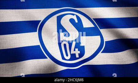 Die Flagge des FC Schalke 04 winkt auf transparentem Hintergrund. Nahaufnahme der wehenden Flagge mit FC Schalke 04 Fußballverein-Logo, nahtlose Schleife. Redaktionelle Fußnote Stockfoto