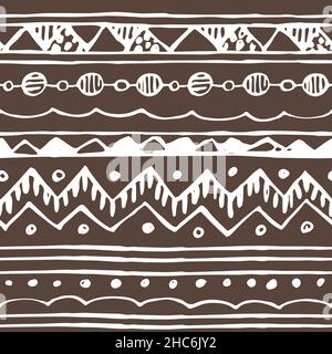 Braun weiß abstrakt Rand nahtlose Muster. Vektor Hand gezeichnet linear auf braunem Hintergrund. Stock Vektor