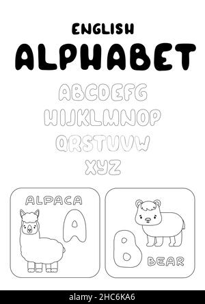 Englisch A-Z Alphabet Familie Kinder Spiel. Malvorlagen mit Tieren und A-B-Buchstaben, die zum Lernen verwendet werden können, entspannen Bildung kindliche Spiele. Vect Stock Vektor