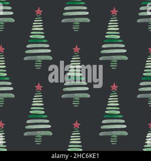 Nahtlose Weihnachtsbäume Hintergrund mit dekorativen Aquarell Bäume bunte Muster Design Illustration. Frohes neues Jahr. Stockfoto