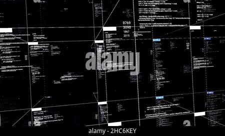 Abstrakter Programmiercode, unterteilt in Blöcke auf schwarzem Hintergrund, nahtlose Schleife. Technologiehintergrund für Softwareentwickler und Computerskript. Stockfoto