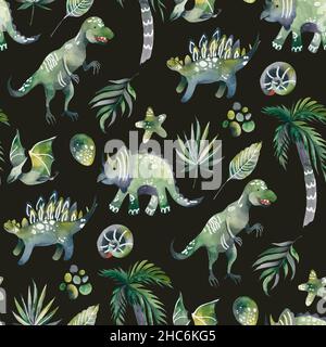 Dino-Freunde. Lustige Cartoon-Dinosaurier, Knochen und Eier. Niedlicher t rex, Charaktere. Handgezeichnetes Doodle-Set für Kinder. Gut für Textilien, Kinderzimmer, Stockfoto