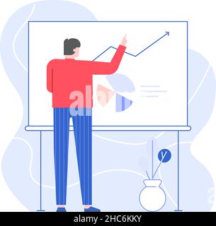 Geschäftsmann zeichnen Diagramm auf Whiteboard, analysieren Konzept Stock Vektor