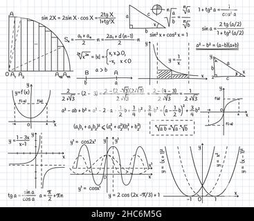 Mathematische Algebra-Formeln, Doodle-Gleichung und grafische Zeichen. Mathematische, geometrische oder physikalische Formeln und Gleichungen Vektordarstellung Satz. Wissenschaft Stock Vektor