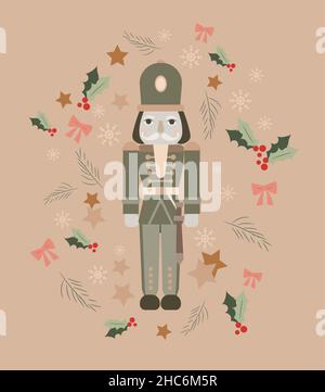 Vektorgrafik Nussknacker. Weihnachtliche Lötmittel. Neujahrsdarstellung eines Soldaten um die festlichen Dekorationen. Bögen, Sterne, Schneeflocken, Mistlet Stock Vektor