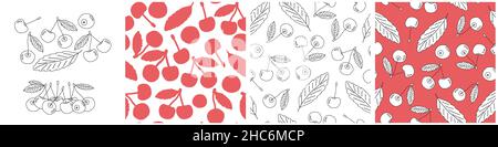 Set von Umriss und Silhouette Vektor nahtlose Muster von Kirschen. Doodle Cartoon isolierte handgezeichnete Illustration von Beeren. Weiß, schwarz und rot c Stock Vektor