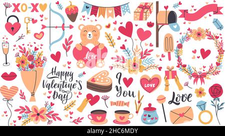 Romantische Valentinstag Aufkleber, Herzform und Liebesbrief. Valentinstag Elemente, Süßigkeiten, Blumen und Geschenke Vektor Illustration Set. Niedlich Stock Vektor