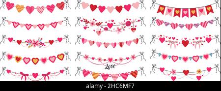 Romantische Valentinstag herzförmige bunting Girlanden. Niedliche hängende bunting Herzen, romantische Gruß Herz Fahnen Vektor Illustration Set. Valentinstag Stock Vektor