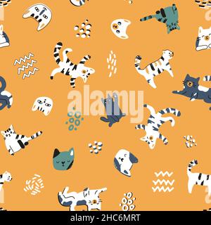 Niedliches Katzenkätzchen nahtloses Muster auf gelbem Hintergrund. Lustige Tiere sind glücklich, entspannt in blau-gelben, grünen Farben Stock Vektor