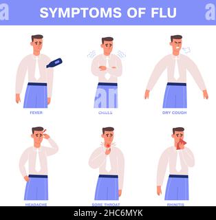 Grippe- oder Erkältungssymptome, kranker Mensch mit Halsschmerzen, schlechtem Husten und Fieber. Männliche Zeichen leiden an Erkältung oder Viruserkrankungen Vektor Illustration. Kalt Stock Vektor
