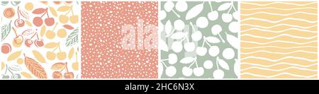 Set von Vektor Sommer Pastell nahtlose Muster von Kirschen, Punkte, abstrakte Sonnenwellen. Cute Doodle Cartoon Illustrationen von Hand gezeichnete Silhouette Berrie Stock Vektor