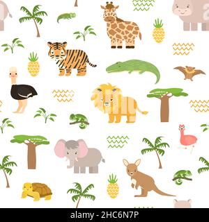 Safari Sommer Tiere nahtloses Muster. Niedlicher Vektor Chamäleon Krokodil, Löwentiger, Elefant, Flamingo, Giraffenbat, känguru-Strauß, Baobab, Handfläche, Stock Vektor