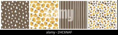 Set aus vier nahtlosen Fallmustern. Vektor handgezeichnete Pilze, Kürbisse, Blätter, Nüsse, Eicheln Illustrationen in gelben und braunen Farben. Stock Vektor