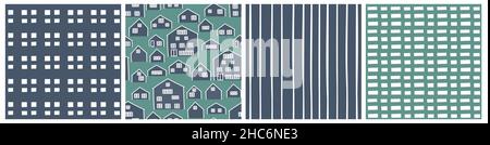 Blau-grünes Set von abstrakten nahtlosen Mustern. Europäische Cartoon kindliche Häuser, Linien, Raster Vektor-Illustrationen. Stock Vektor