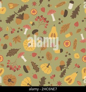 Herbst Halloween nahtloses Muster. Vektordarstellung von Eichelblättrigen, Fliegenpilz, Viburnum, Blätter Ahorneiche, Mais, Kürbis, Nüsse, Kastanien, Apfel Stock Vektor