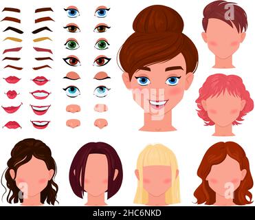 Cartoon Mädchen Gesicht Konstruktor, Frau Charakter Avatar Schöpfer. Weiblicher Gesichtsgenerator mit Augen, Brauen, Lippen, Nasen Vektor-Illustration-Set. Mädchengesicht Stock Vektor