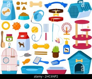 Cartoon Haustier Shop Zubehör, Katzen, Hunde Futter und Spielzeug. Hunde- und Katzenbedarf, Haustierpflegegeräte. Vektorgrafik. Tierhandlung Stock Vektor