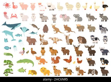 Cute Isolated Forest, Meer Ozean, Savanne, Bauernhof, Zoo Tiere. Großer Satz von Vektor Schwein Koala Wal Kuh Bär Löwe Tiger Känguru Quokka Wolf Pferd Giraffe Stock Vektor