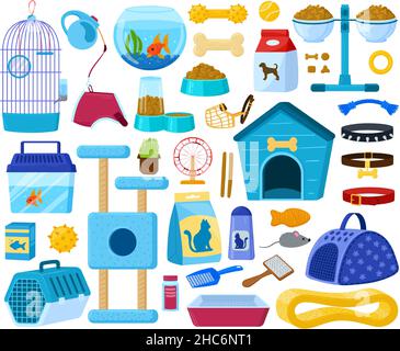 Cartoon Hunde und Katzen liefert, Heimtierbedarf Ausrüstung. Tierhandlung Zubehör, inländische Tiernahrung, Spielzeug, zu Hause, Schüssel Vektor Illustration Set. Hund und Katze Stock Vektor