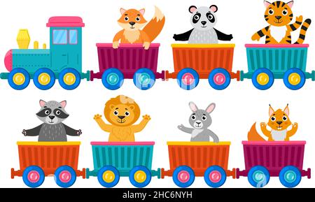 Cartoon niedliche Tiere auf Spielzeug Dampf Lokomotive Wagen. Spielzeug Zug mit lustigen wilden Tieren Vektor-Illustration. Glückliche Tiere auf Zugwaggons Stock Vektor